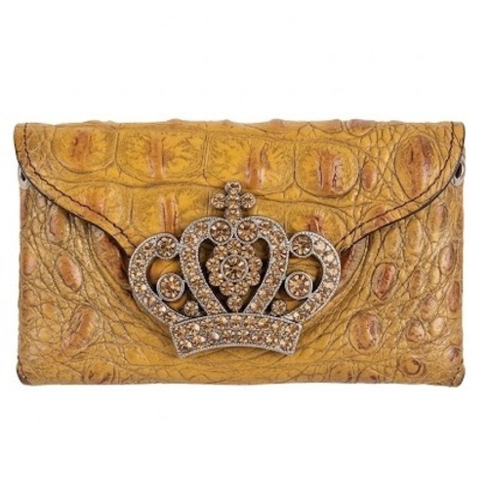 Raviani‎ Crocodile Embossed Leather Crystal Crown Wristlet Belt Pouch Mini Vacay